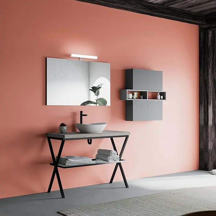 Kiamami Valentina Badmöbel-Set - Schwarz, Grau - Moderner Badezimmerschrank mit weißem Waschbecken, schwarzem Wasserhahn, Betonoptik-Theke, schwarzem Rahmen und grauen Schränken.
