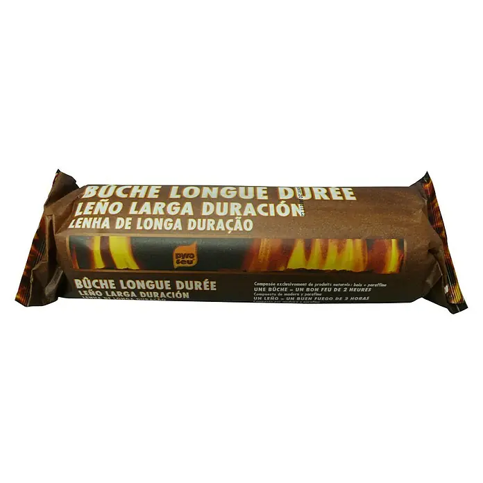 Pastillas de encendido - 1.100 g - Imagen de un tronco de encendido de larga duración empaquetado con etiquetas multilingües y un gráfico de llamas.