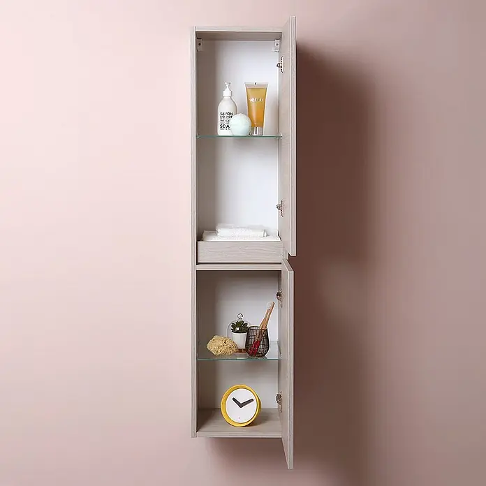 Kiamami Valentina Badmöbel-Set - Helles Holz - Heller Wandschrank in Holzoptik mit offenen Türen, Glasböden, Schublade und Badaccessoires.