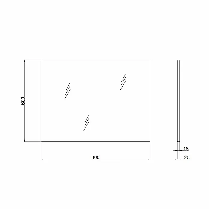 Kiamami Valentina Badmöbel-Set - Weiß - Technische Zeichnung eines rechteckigen Spiegels, 800x600x20mm, mit 16mm Spiegeldicke.