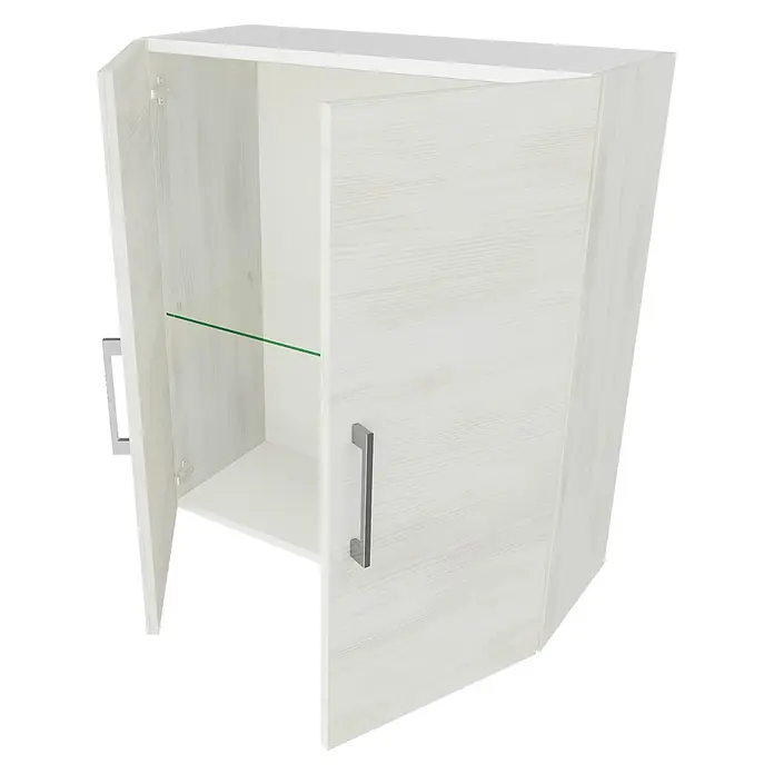 Kiamami Valentina Badmöbel-Set - Grau - Weißer Wandschrank mit offenen Türen, zeigt eine Klarglasablage und eine untere weiße Ablage. Mit silbernen Griffen und heller Holzmaserung.