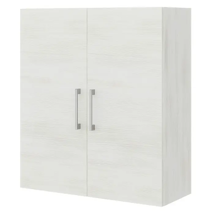 Kiamami Valentina Badmöbel-Set - Grau - Weißer Wandschrank mit zwei Türen und silbernen Griffen, mit subtiler Holzmaserung.
