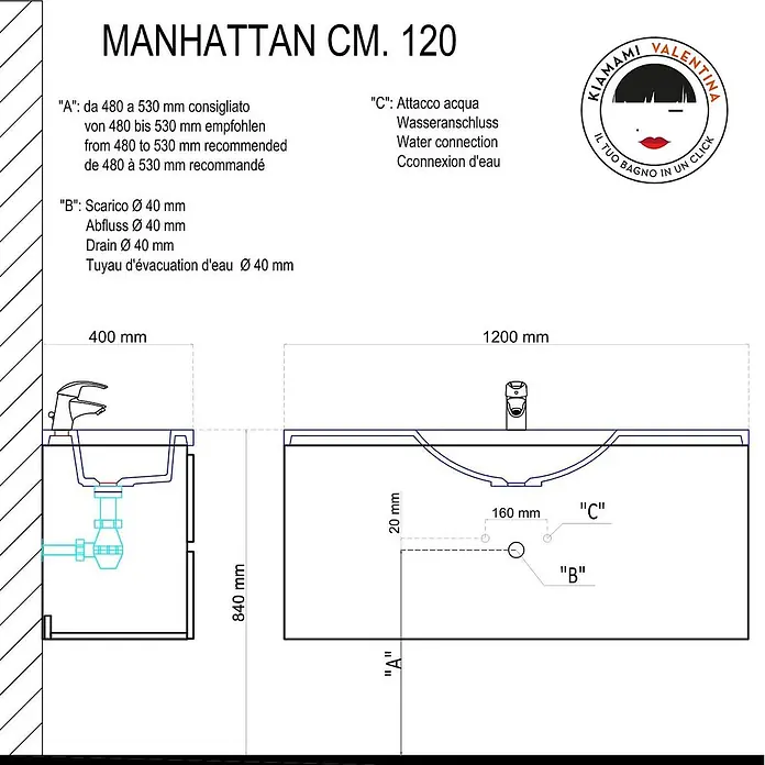 Kiamami Valentina Badmöbel-Set - Grau - Technische Zeichnung der Badwaschtischeinheit Manhattan CM. 120, mit Maßen und Wasser-/Abwasseranschlüssen.