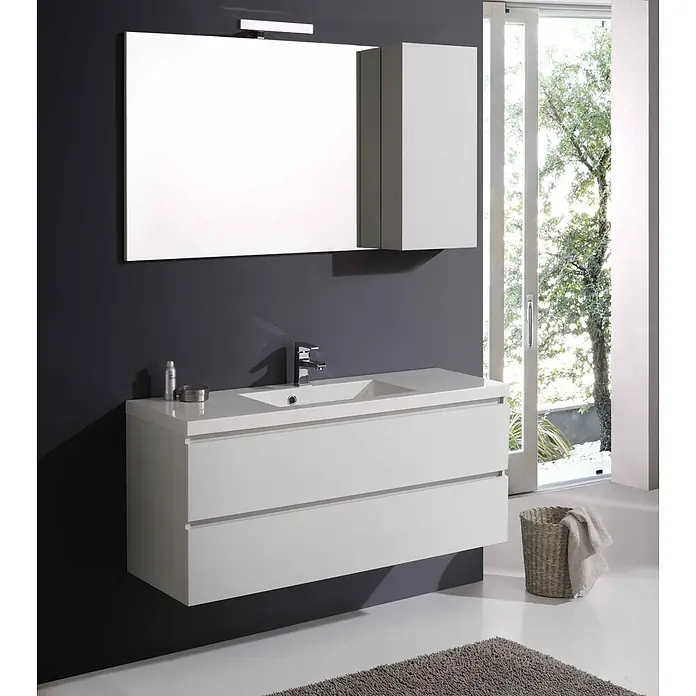 Kiamami Valentina Badmöbel-Set - Weiß - Modernes weißes schwebendes Badmöbel mit integriertem Waschbecken, Armatur und Spiegel.