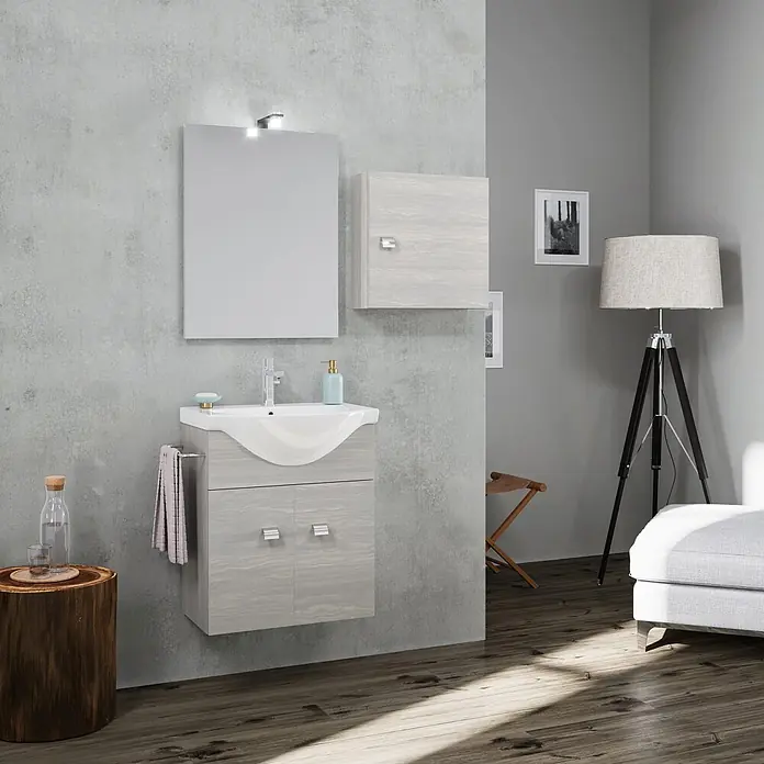 Kiamami Valentina Badmöbel-Set - Helles Holz - Moderner Waschtisch in heller Holzoptik mit integriertem Waschbecken, Spiegel und passendem Hängeschrank in zeitgemäßem Bad.