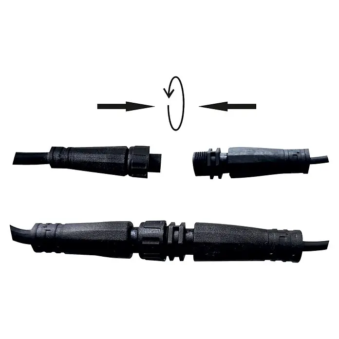 Direct Signs Verbindungskabel Akus IP - Länge: 100 cm, IP65 - Schwarzer Elektroverbindungsstecker mit Drehverschlussmechanismus, demontiert und montiert dargestellt.
