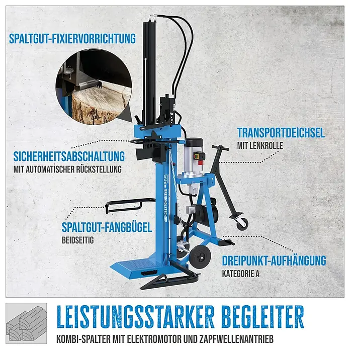 Güde Holzspalter GHS 1000/25TEZ-A - 5.500 W, 25 t, Max. Spaltgutlänge: 1.030 cm - Leistungsstarker blauer Kombi-Holzspalter mit Elektromotor und Zapfwellenantrieb.