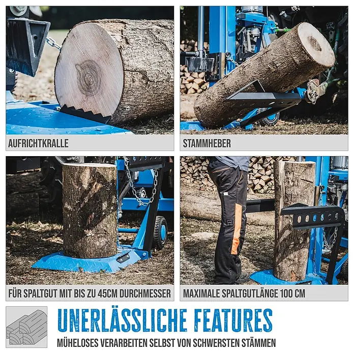 Güde Holzspalter GHS 1000/25TEZ-A - 5.500 W, 25 t, Max. Spaltgutlänge: 1.030 cm - Blauer Holzspalter mit Stammheber und Aufrichtkralle, verarbeitet Stämme bis 45 cm Durchmesser und 100 cm Länge.