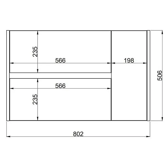 Kiamami Valentina Badmöbel-Set - Weiß - Maßzeichnung eines Schranklayouts: insgesamt 802x506, mit zwei 566x235 Fächern und einem 198 breiten Abschnitt.