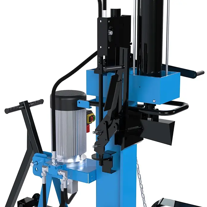 Güde Holzspalter GHS 1000/25TEZ-A - 5.500 W, 25 t, Max. Spaltgutlänge: 1.030 cm - Nahaufnahme eines blau-schwarzen hydraulischen Holzspalters, der Motor, Steuerhebel und Spaltmechanismus zeigt.