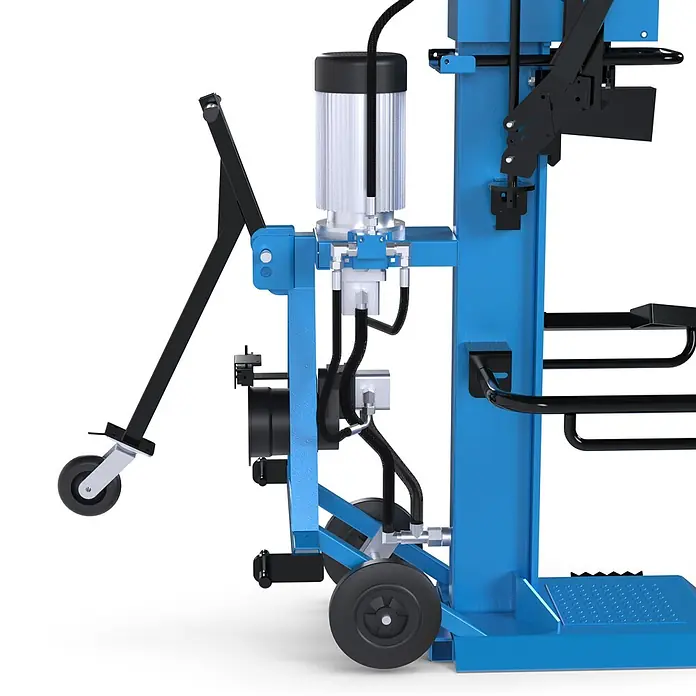 Güde Holzspalter GHS 1000/25TEZ-A - 5.500 W, 25 t, Max. Spaltgutlänge: 1.030 cm - Blauer und schwarzer Holzspalter mit Motor, Hydraulikleitungen und Rädern.