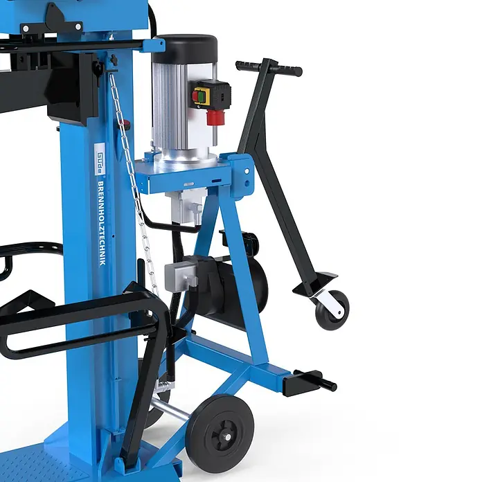 Güde Holzspalter GHS 1000/25TEZ-A - 5.500 W, 25 t, Max. Spaltgutlänge: 1.030 cm - Blauer und schwarzer Güde Vertikalholzspalter mit Rädern, Motor und Bedienfeld.