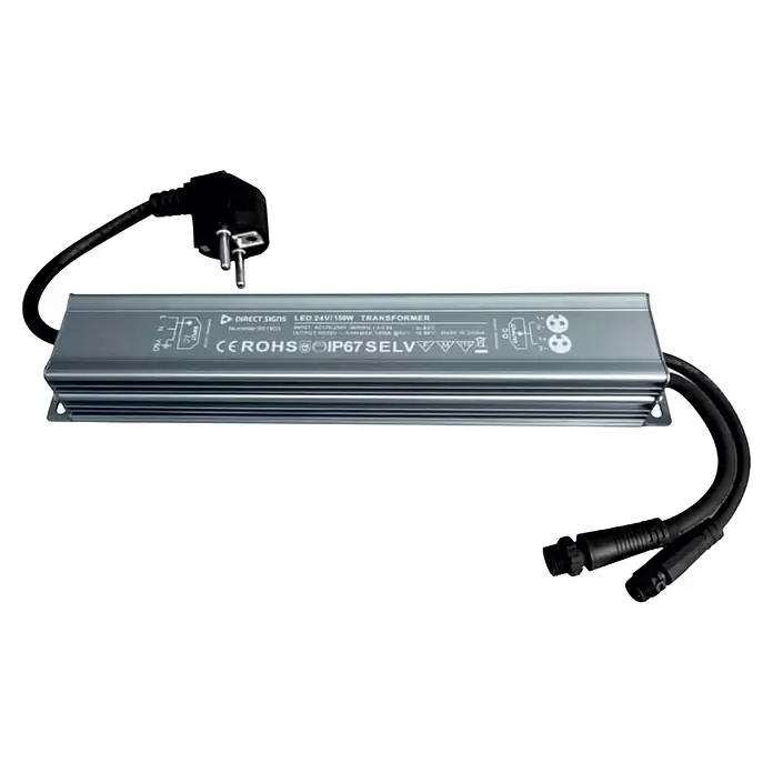 Direct Signs Transformator Akus IP 150W/ 24V - Schwarz - Grauer Metall-LED-Transformator 24V/150W mit schwarzem Netzstecker und zwei Ausgangsverbindern. DIRECT SIGNS, IP67.