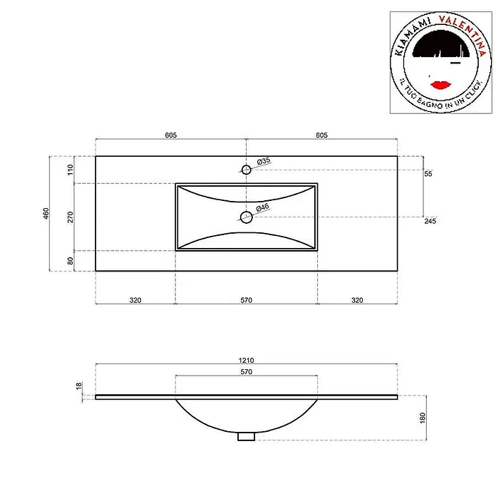 Kiamami Valentina Badmöbel-Set - Helles Holz - Technische Zeichnung eines rechteckigen Badezimmerwaschbeckens mit integriertem Becken, mit Draufsicht und Seitenansicht samt Maßen.
