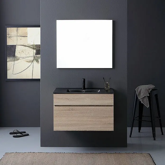 Kiamami Valentina Badmöbel-Set - Helles Holz - Modernes schwebendes Badmöbel mit heller Holzmaserung, schwarzer Arbeitsplatte, integriertem Waschbecken und zwei Schubladen.