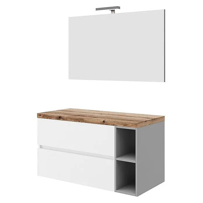 Kiamami Valentina Badmöbel-Set - Weiß - Weißer Badunterschrank mit Holzplatte und grauen offenen Regalen, kombiniert mit einem rechteckigen Spiegel und Lichtleiste.