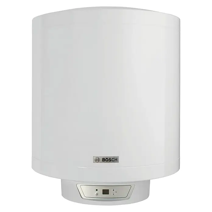 Bosch Termo eléctrico reversible Tronic 8000T - 35 l, 1.200 W, Montaje en la pared - Imagen de un calentador de agua Bosch blanco con controles de usuario. Este calentador de agua eléctrico proporciona confort y eficiencia para el uso diario.