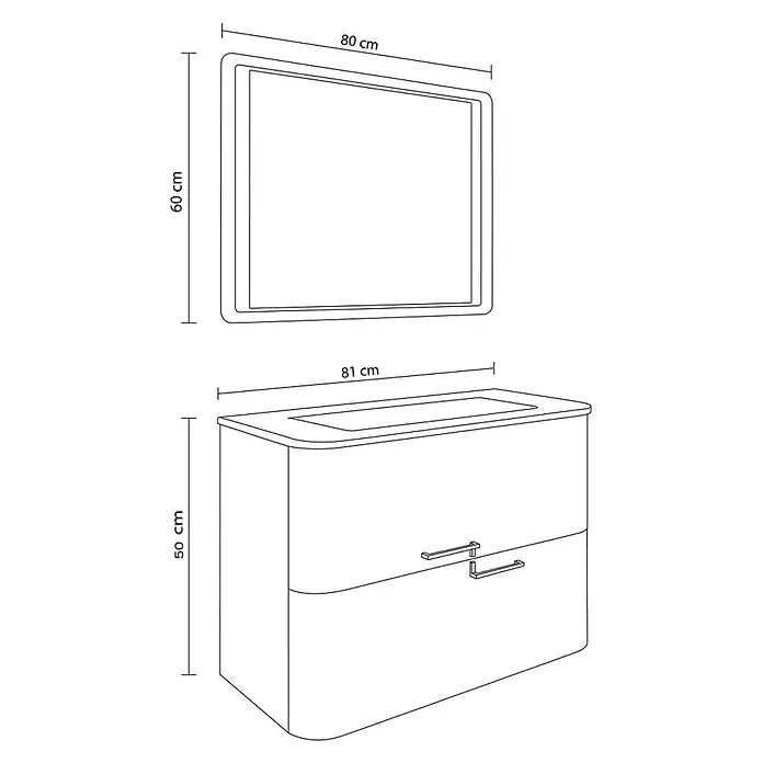 Kiamami Valentina Badmöbel-Set - Weiß - Umrisszeichnung eines Badezimmer-Sets: ein 80x60 cm Spiegel und ein 81x50 cm Waschtischunterschrank mit Waschbecken und zwei Schubladen.