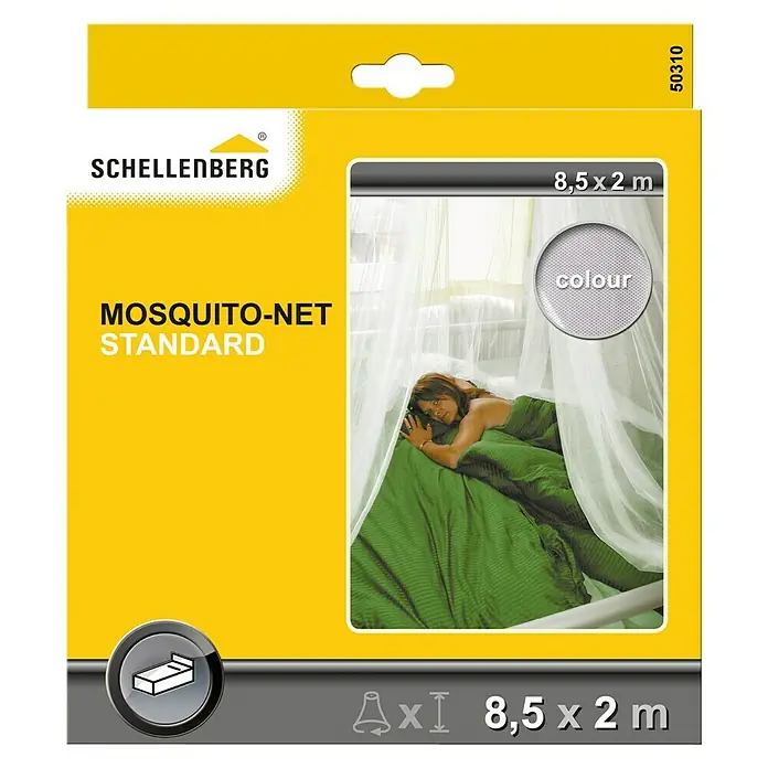 Schellenberg Mosquito Net Mosquitera Standard - An x Al: 200 x 85 cm, Montaje de la mosquitera: Colgar - Paquete de mosquitera estándar Schellenberg en amarillo, que muestra una cama con una red y una persona durmiendo.