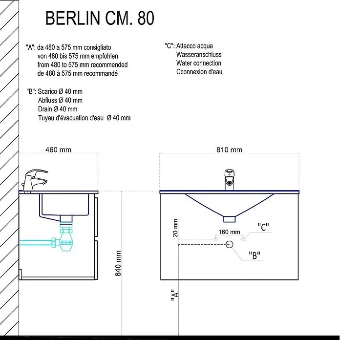 Kiamami Valentina Badmöbel-Set - Weiß - Technisches Diagramm eines Waschbeckens, mit Maßen für Wasser- und Abflussanschlüsse.