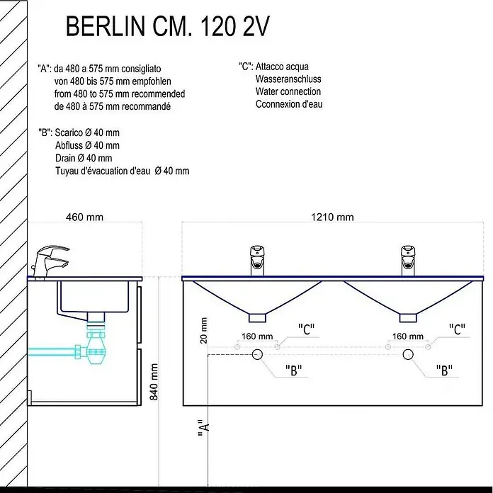 Kiamami Valentina Badmöbel-Set - Braun - Technische Zeichnung eines doppelten Waschbeckenunterschranks mit Maßen, Wasser- und Abflussanschlüssen. Empfohlene Höhe 480-575mm.