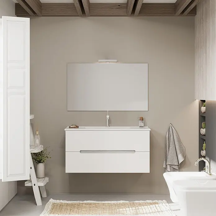 Kiamami Valentina Badmöbel-Set - Weiß - Weißer schwebender Badschrank mit integriertem Waschbecken und zwei grifflosen Schubladen.