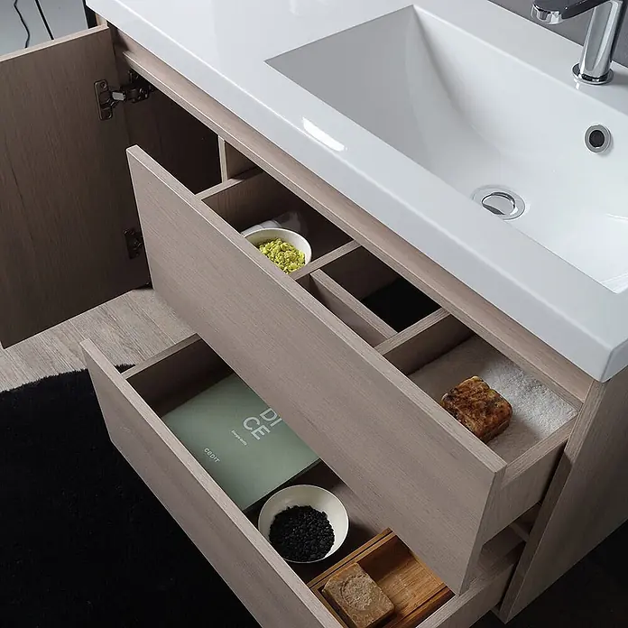 Kiamami Valentina Badmöbel-Set - Beige - Moderne Waschtischunterschrank in heller Holzoptik mit weißem integriertem Waschbecken und offenen Schubladen mit Aufbewahrung.