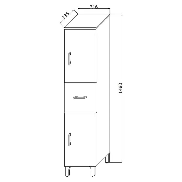 Kiamami Valentina Badmöbel-Set - Grau - Hoher Stauraumschrank mit zwei Türen und einer zentralen Schublade, mit angegebenen Maßen.