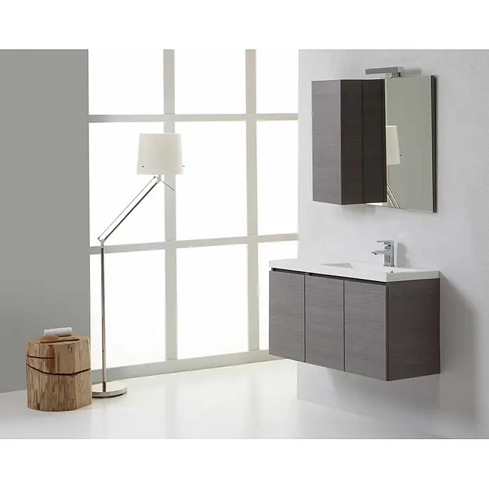 Kiamami Valentina Badmöbel-Set - Grau - Moderner schwebender Badschrank in dunkler Holzoptik mit integriertem Waschbecken und passendem Spiegelschrank.