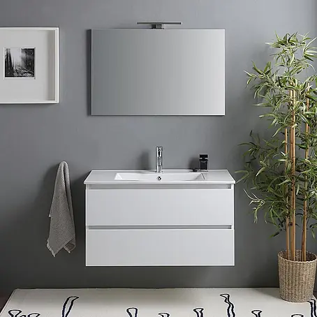 KV Waschtisch mit  Ablageflächen, Unterschrank 90cm und Spiegel mit Lampe | Benaco