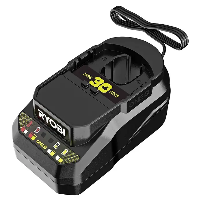Ryobi ONE+ Akku & Ladegerät 30 Jahre Starter-Set RC18120B-140X - 18 V, 4 Ah - Schwarzes Ryobi ONE+ Akkuladegerät mit gelbem 30-jährigem Jubiläums-Branding und Spiralkabel.