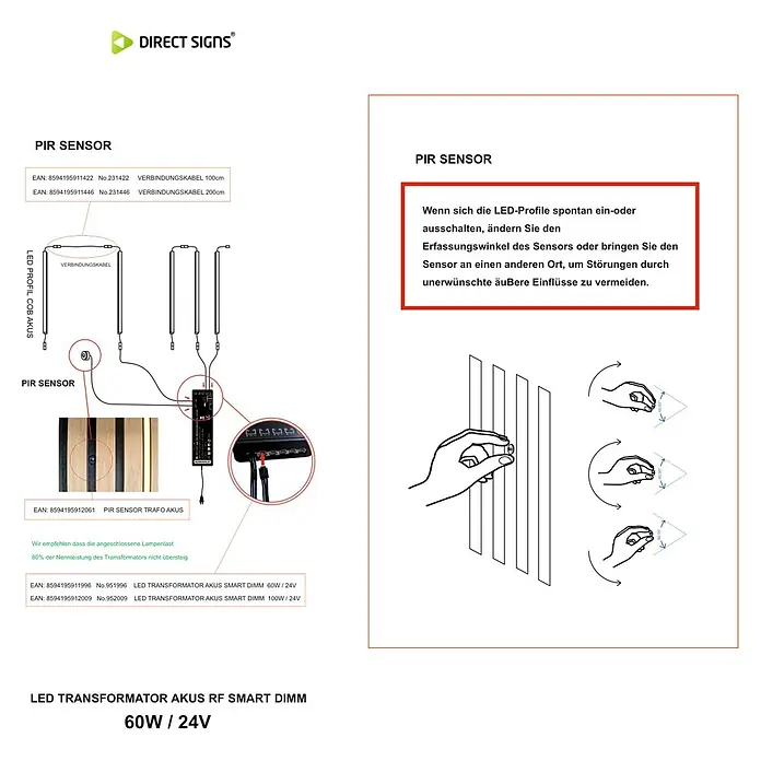 Direct Signs Transformator Akus Smart 60W - Schwarz - PIR-Sensor für LED-Profile, mit Schaltplan und Einstellanleitung dargestellt.