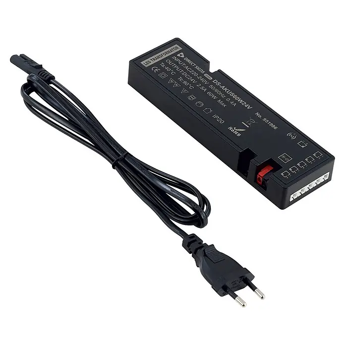 Direct Signs Transformator Akus Smart 60W - Schwarz - Schwarzer rechteckiger LED-Transformator mit aufgerolltem Netzkabel und zweipoligem Eurostecker.