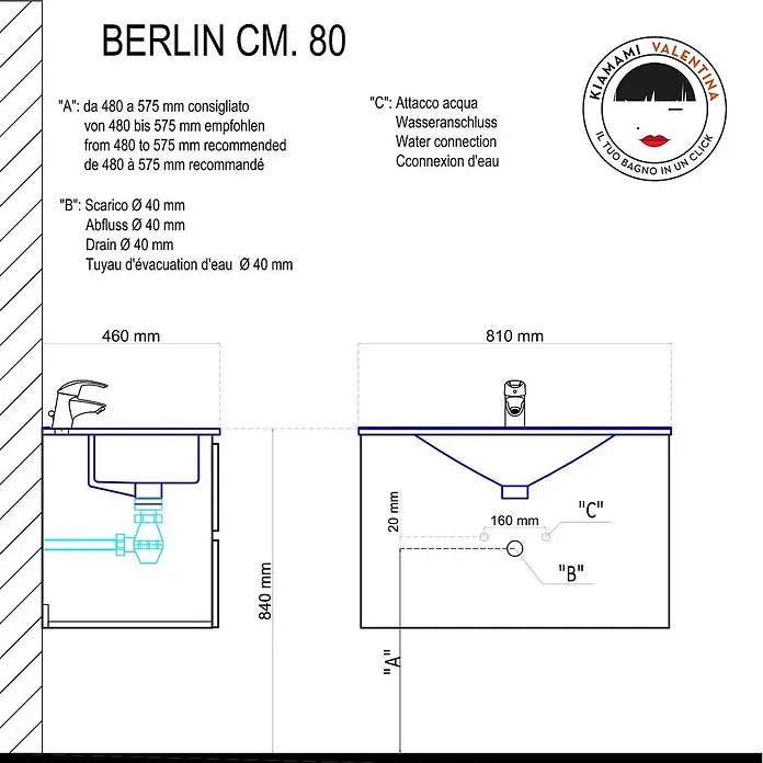 Kiamami Valentina Badmöbel-Set - Helles Holz - Technische Zeichnung des Berlin 80 cm Waschbeckenschranks, mit Maßen (810x460x840 mm) und Wasser-/Abflussanschlussdetails.