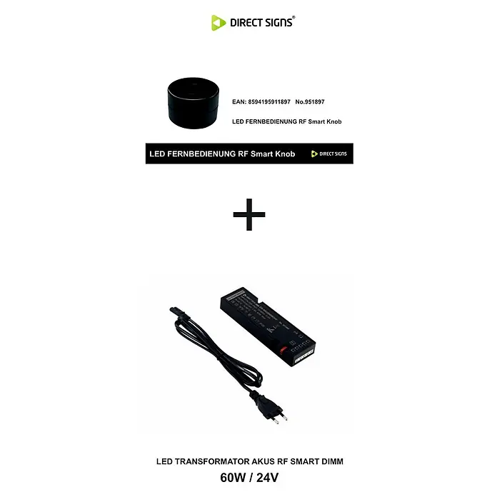 Direct Signs Transformator Akus Smart 60W - Schwarz - Schwarzer LED RF Smart Knob Fernbedienung und ein schwarzer LED RF Smart Dimmer Transformator 60W/24V.