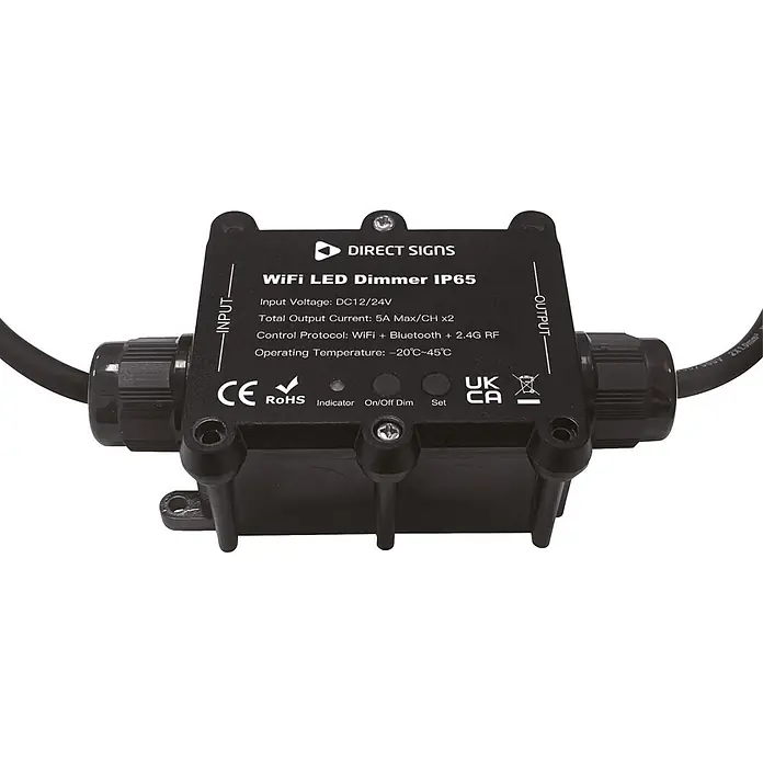 Direct Signs Controller Akus IP Wifi Tuya Dimmer - Schwarz - Schwarzer IP65 WiFi LED Dimmer mit Eingangs- und Ausgangskabeln. Steuerung über WiFi, Bluetooth und 2.4G RF.