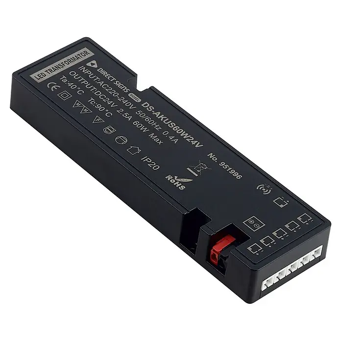 Direct Signs Transformator Akus Smart 60W - Schwarz - Schwarzer rechteckiger LED-Transformator/Treiber mit sichtbaren Spezifikationen für AC-Eingang und DC 24V 60W Ausgang sowie Anschlussanschlüssen.