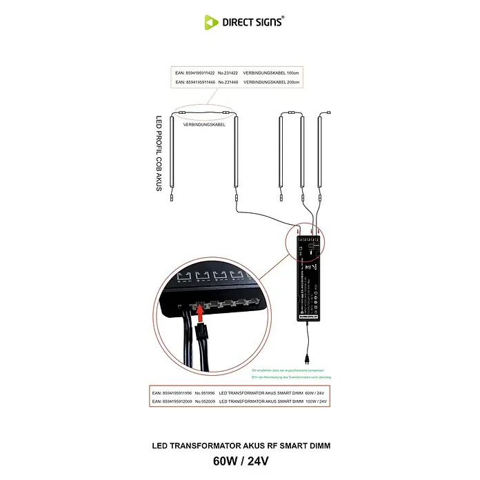Direct Signs Transformator Akus Smart 60W - Schwarz - Verkabelungsdiagramm für LED-Profile mit Verbindungskabeln, einem Verteilerblock und LED-Transformatoren (60W/24V oder 100W/24V) und Produktcodes.