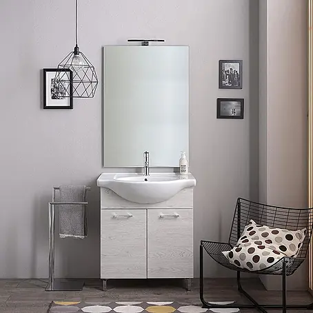 KV Badezimmermöbel stehend 75cm Eiche weiß Holzeffekt mit Spiegel und Lampe | Rimini