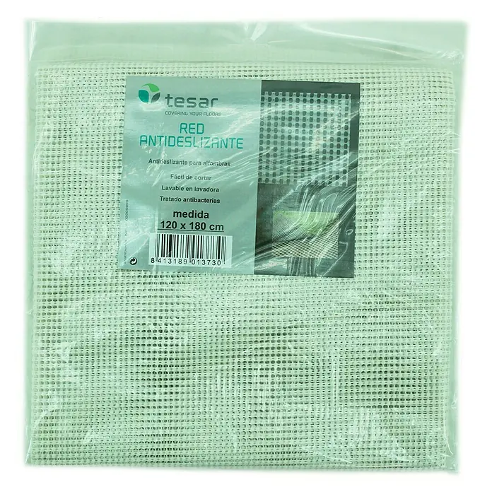 Protección antideslizante para alfombras - 180 x 120 cm, Se puede cortar - Una alfombra antideslizante Tesar en un embalaje transparente. La alfombra es blanca con una estructura de malla, ideal.