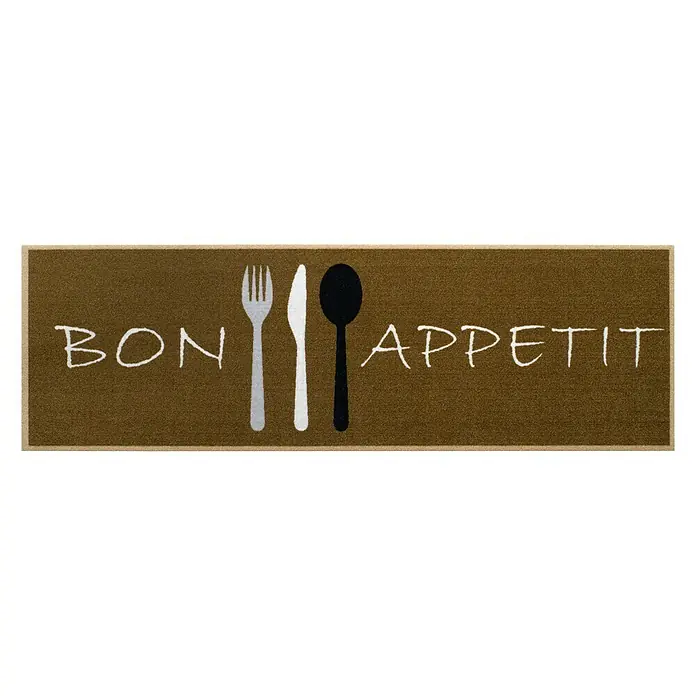 Alfombra corredera de cocina Bon Apetitt - Marrón, 150 x 50 cm - Este tapete corredor marrón con "Bon Appetit" y símbolos de cubiertos, es una decoración elegante para la cocina o el comedor.