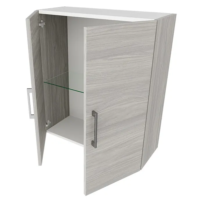 Kiamami Valentina Badmöbel-Set - Grau - Zweitüriger Hängeschrank in heller Holzoptik, mit weißen Ober-/Unterseiten und einer Glasablage.