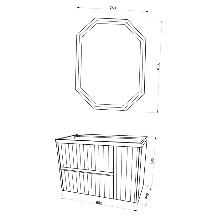 Kiamami Valentina Badmöbel-Set - Weiß - Zeichnung eines achteckigen Spiegels (750x1000mm) und Waschtischs (802x565x400mm) mit Becken und Lamellenfront.