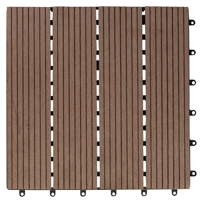 Dioco Loseta con sistema click - WPC, 30 x 30 x 2,5 cm, 1 ud., Marrón - Imagen de una baldosa cuadrada marrón para patio con un patrón de rayas y conectores de enclavamiento negros.