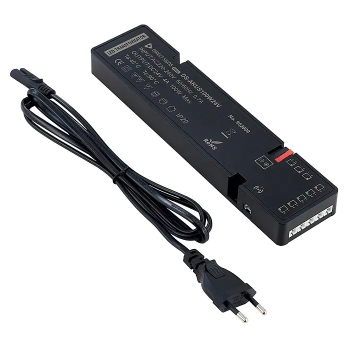 Direct Signs Transformator Akus Smart 100W - Schwarz - Schwarzer LED-Transformator (DS-AKUS100W24V) mit Eurostecker und mehreren Ausgängen für LED-Beleuchtung.