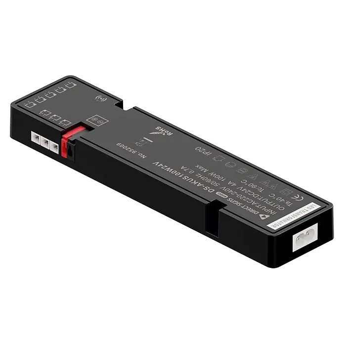 Direct Signs Transformator Akus Smart 100W - Schwarz - Schwarzer rechteckiger LED-Transformator mit weißen Anschlüssen und technischen Beschriftungen.