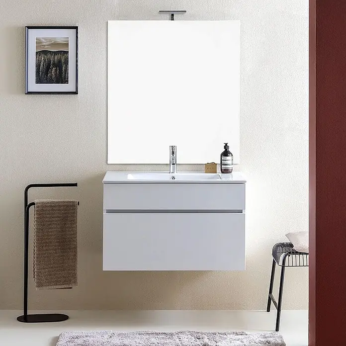 Kiamami Valentina Badmöbel-Set - Weiß - Hellgrauer wandmontierter Badschrank mit integriertem Waschbecken und Spiegel.
