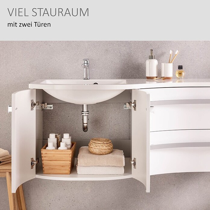 Camargue Wave Waschtischunterschrank (54 x 120 x 50 cm, Links, Weiß, Hochglanz)