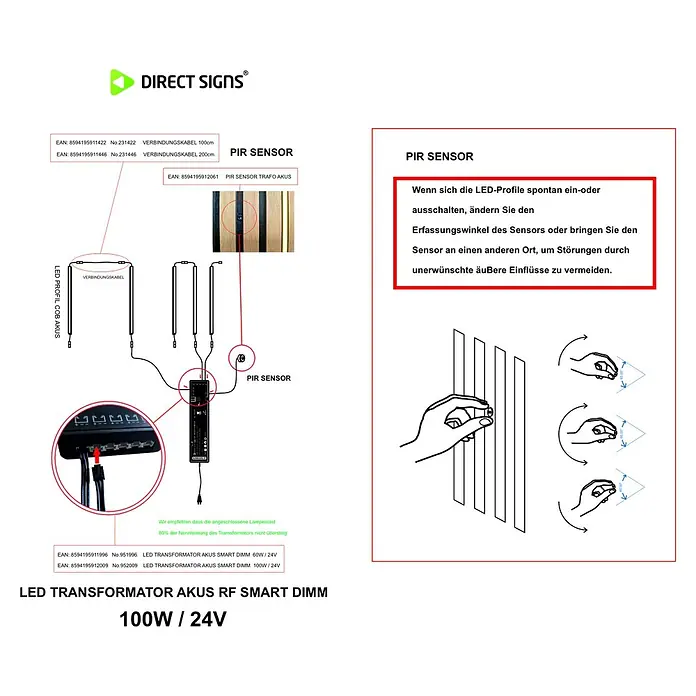 Direct Signs Transformator Akus Smart 100W - Schwarz - Schema eines LED-Beleuchtungssystems mit PIR-Sensor, Verbindungskabeln und intelligentem dimmbarem LED-Transformator.