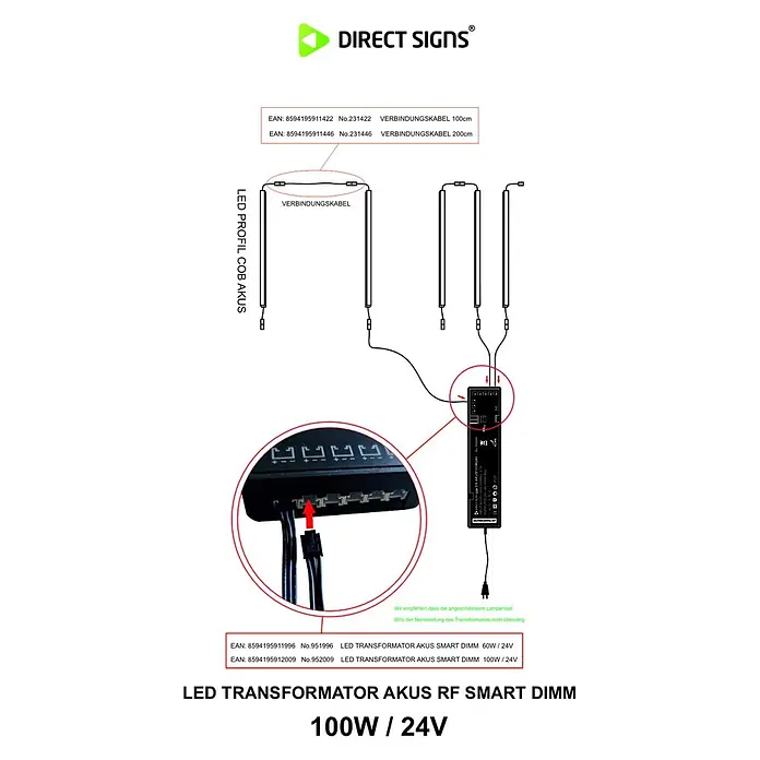 Direct Signs Transformator Akus Smart 100W - Schwarz - Schaltplan, der LED-Profile über Verbindungskabel mit einem smart dimmbaren LED-Transformator verbindet.